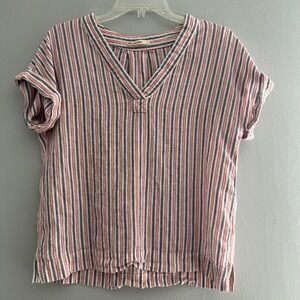 Marine Layer Striped Linen Blend V Neck Casual Top Shirt Women's Size L Boxy